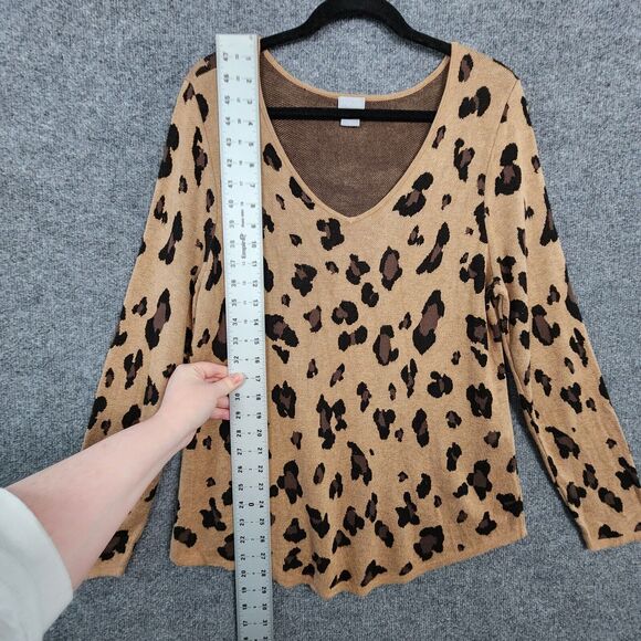 CHICOS Tan Leopard Animal Print Long Sleeve V-Neck Sweater SIZE 2 US LARGE - Picture 3 of 11